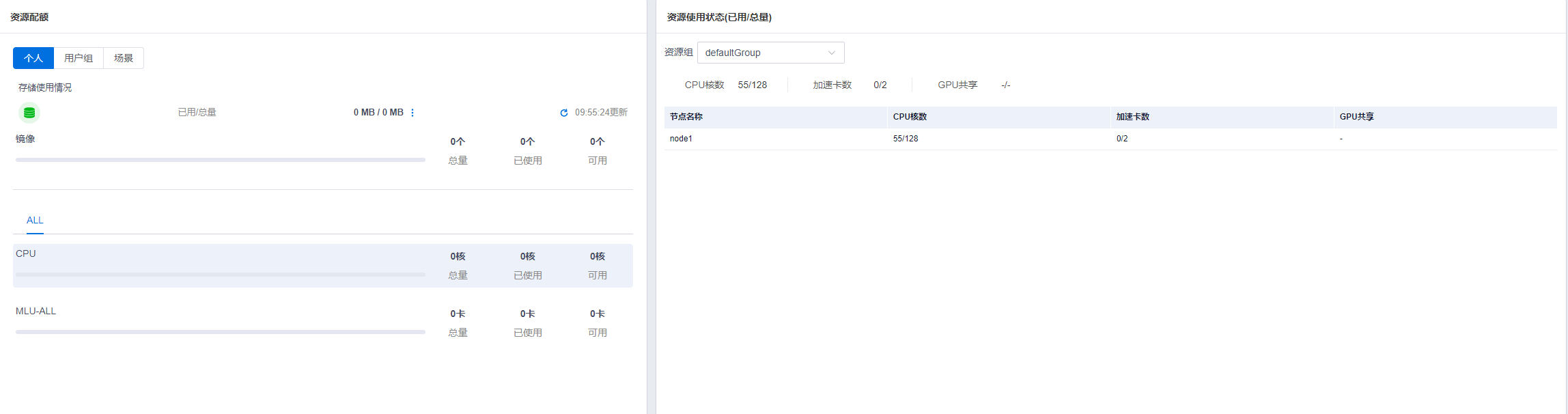 普通用户登录系统之后可以在首页中直观的看到快速入门、个人相关的使用详情、资源配额，如下图所示：界面