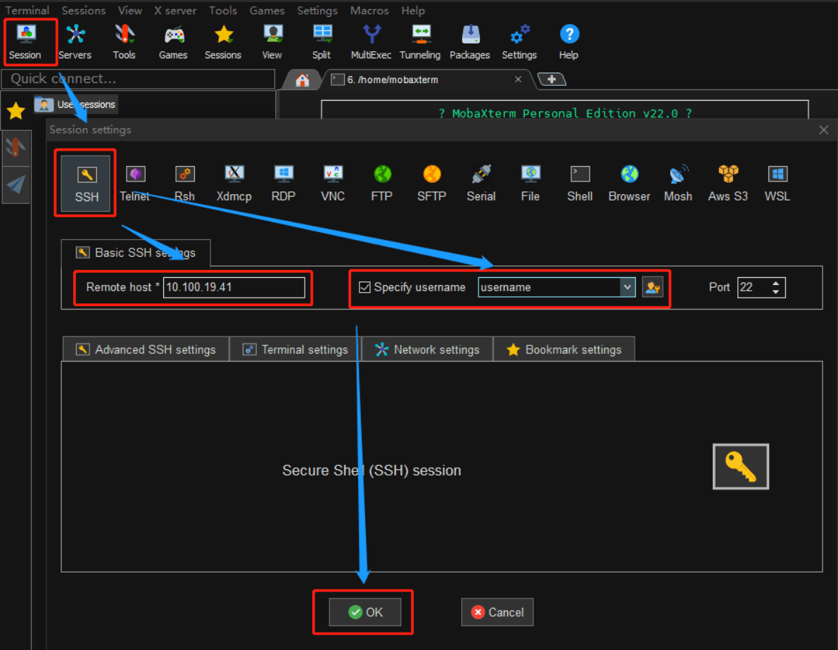 在 MobaXterm 中配置 SSH 会话